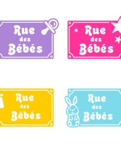 Plaque rue des bébés avec motifs lapin, biberon, étoiles ou tétine
