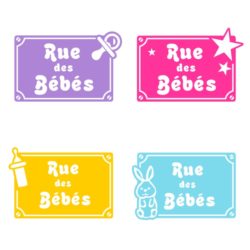 Plaque rue des bébés avec motifs lapin, biberon, étoiles ou tétine