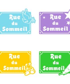 Plaque enfant rue du sommeil avec motifs peluche, colombe, plume ou étoiles