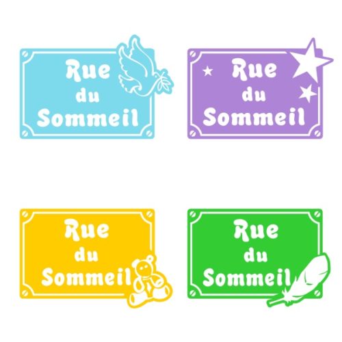 Plaque enfant rue du sommeil avec motifs peluche, colombe, plume ou étoiles
