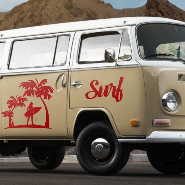 Sticker SURF palmier et surfeuse pour décoration véhicule
