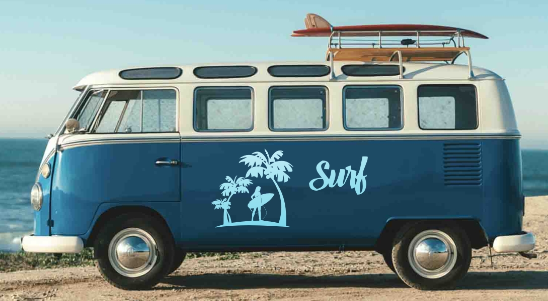 Sticker SURF palmiers et surfeuse sur véhicule